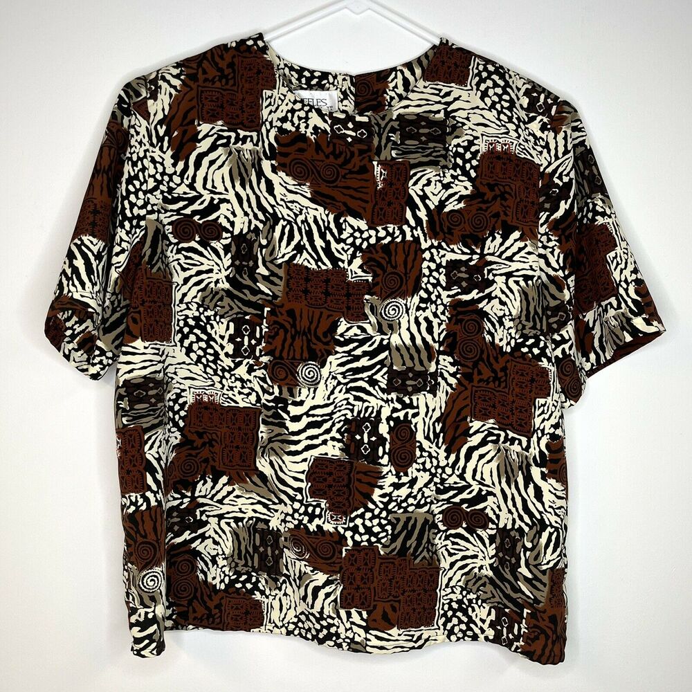 Truffles by YB Vintage Black Brown Animal Print Safari Blouse 46x11